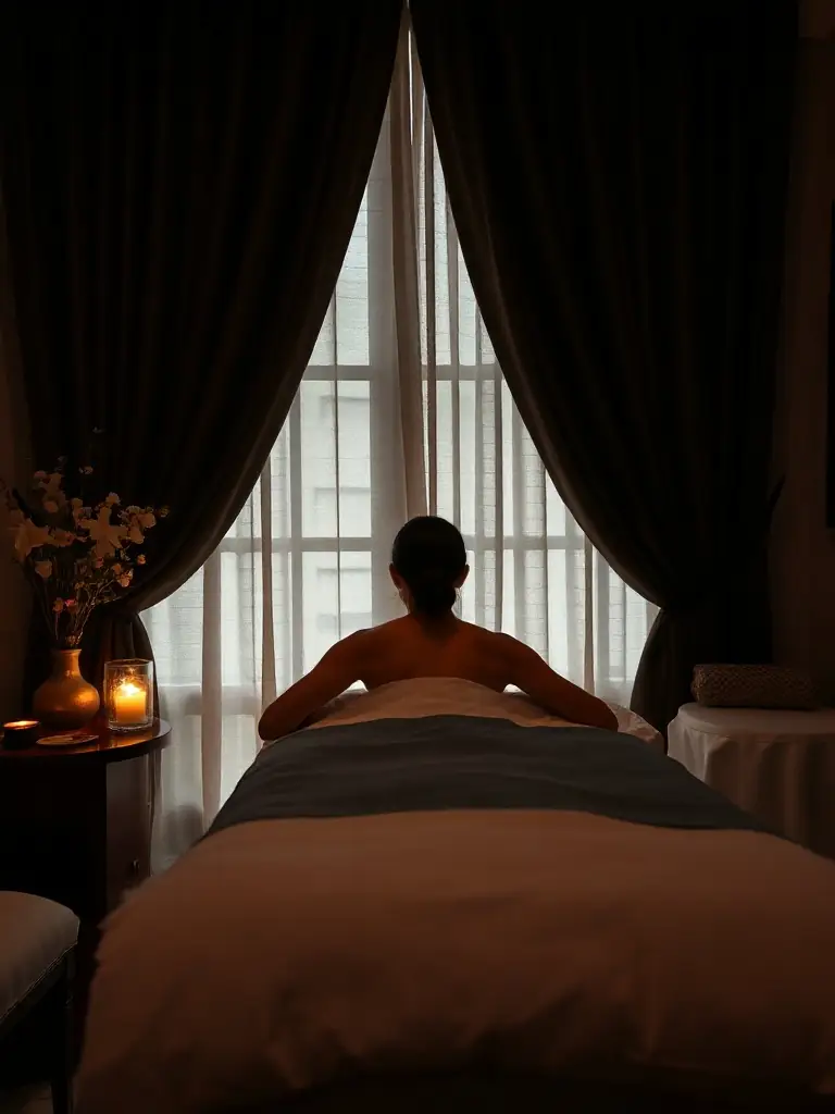 Fotografía de una clienta recibiendo un masaje reafirmante en camilla, ambiente elegante con tonos púrpura, negro y blanco, luz suave y sensación de bienestar.