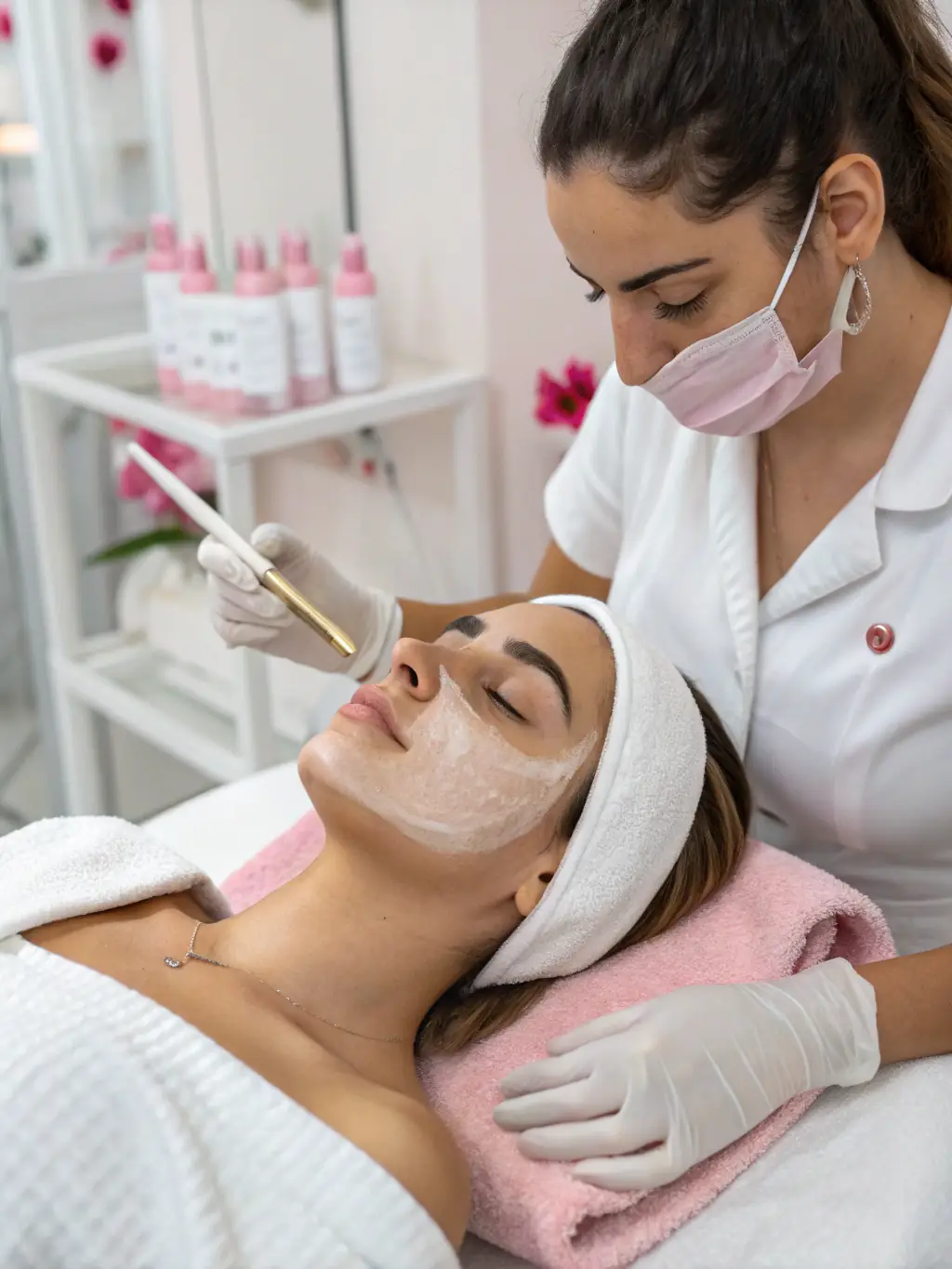 Imagen de una esteticista realizando una evaluación corporal a una clienta, ambas conversando en un ambiente elegante y profesional con detalles en púrpura.