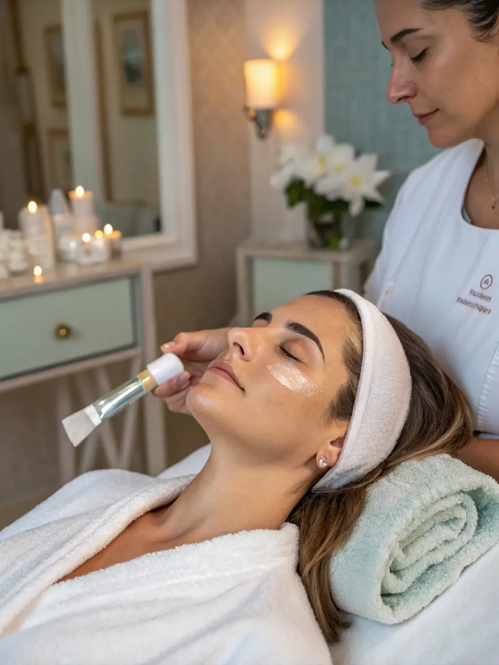 Fotografía de una mujer madura sonriendo, recibiendo un tratamiento corporal específico para menopausia, entorno profesional y acogedor en tonos púrpura.
