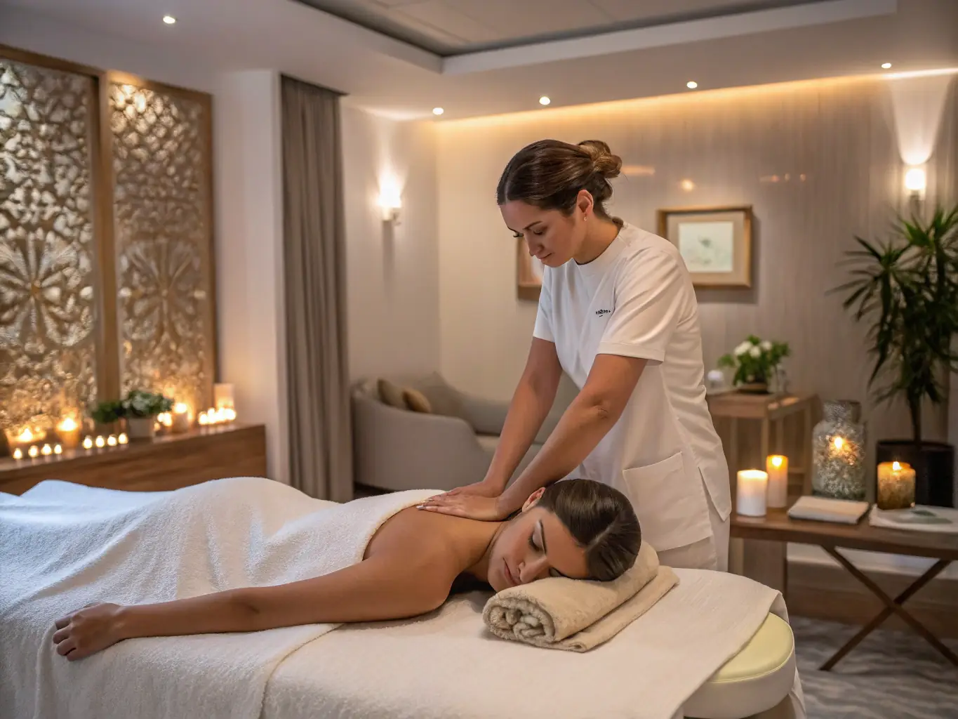Imagen de una profesional aplicando un masaje relajante en la espalda de una clienta, en un ambiente moderno y relajante con detalles en negro y púrpura.