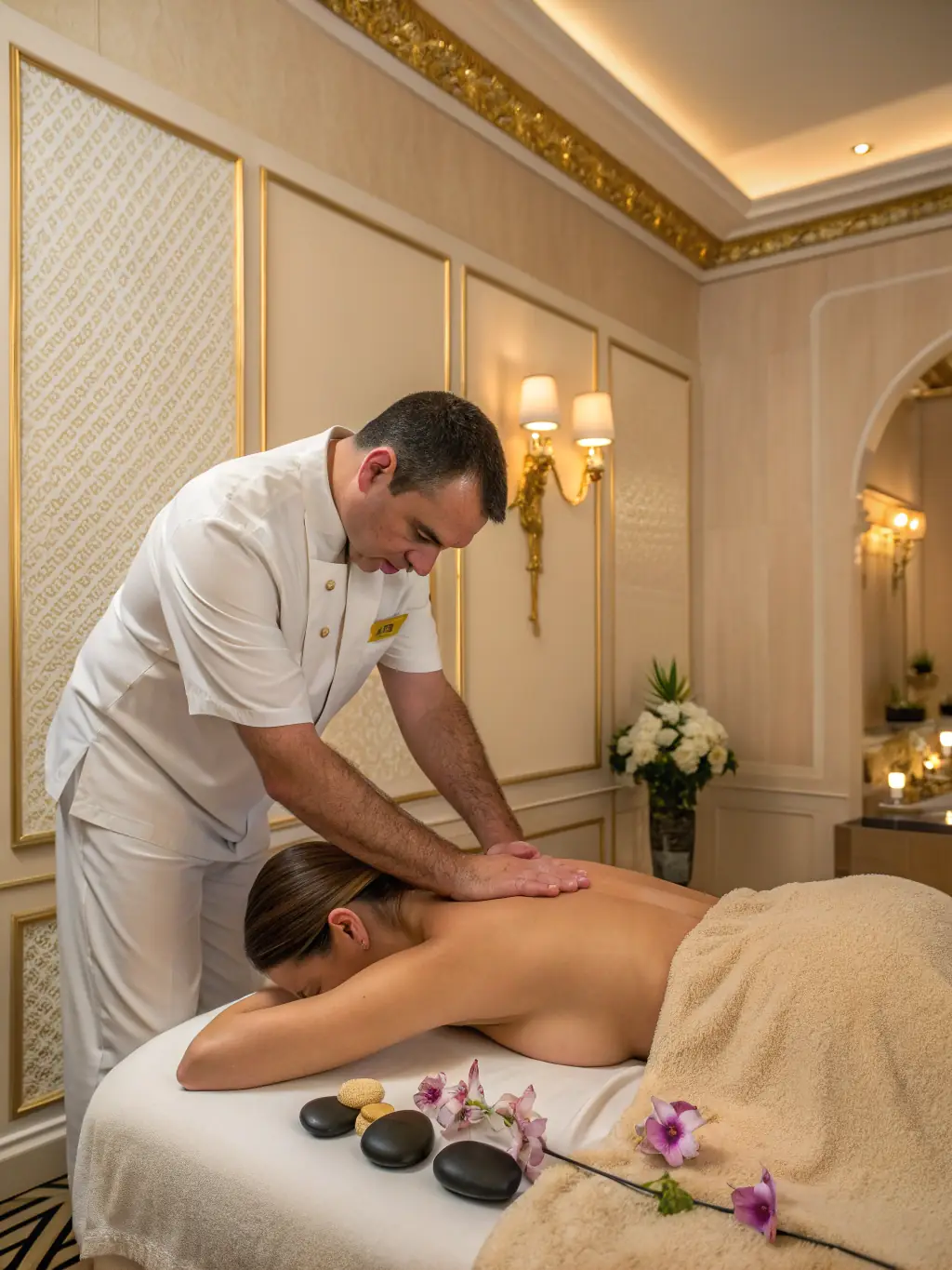Imagen de una esteticista aplicando masaje relajante en la espalda de una mujer, sala decorada en tonos púrpura y blanco, ambiente de calma y relajación.
