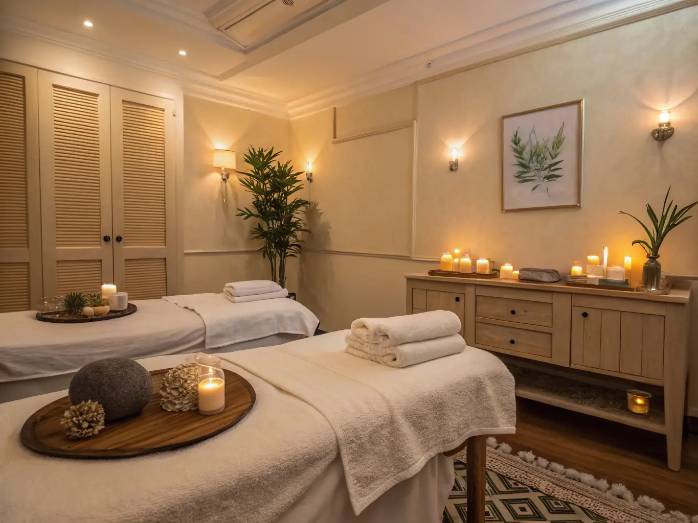 Fotografía de una cabina de estética elegante en tonos púrpura y blanco, con una camilla preparada para un tratamiento facial, toallas dobladas y luz suave, transmitiendo profesionalidad y calidez.