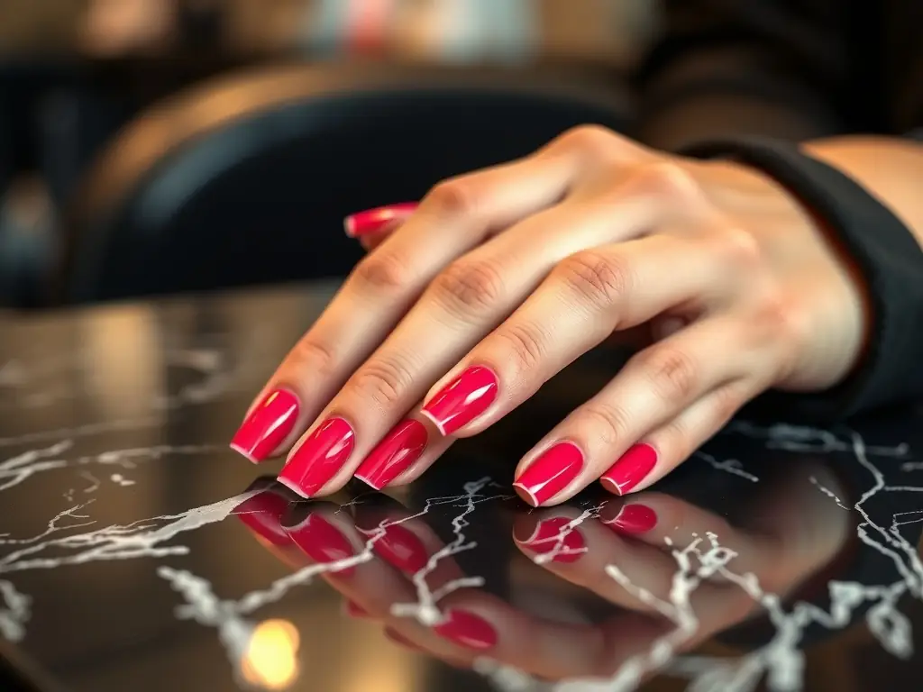 Fotografía de manos femeninas bien cuidadas, con manicura francesa y esmalte semipermanente, junto a productos cosméticos profesionales sobre una mesa blanca.